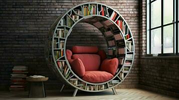 inomhus bokhylla i modern design bekväm fåtölj foto