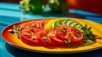 saftig mogen tomat skiva på vibrerande mång färgad sallad foto