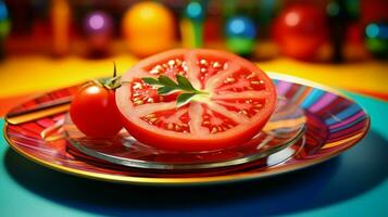 saftig mogen tomat skiva på vibrerande mång färgad sallad foto