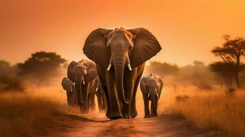 stor besättning av afrikansk elefanter gående på skymning foto