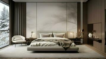 lyx sovrum med modern design och bekväm strö foto