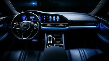 lyx bil instrumentbräda upplyst med blå belysning foto