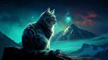 majestätisk kattdjur blickar på lysande utomjording planet foto