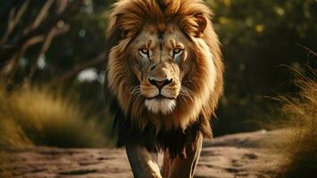 majestätisk lejon gående genom afrikansk vildmark område foto