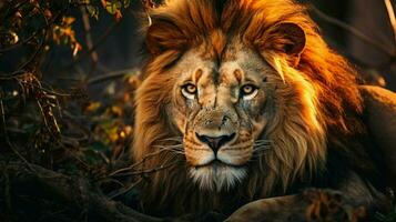 majestätisk lejon stirrande med vakenhet i savann foto