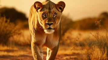majestätisk inna gående genom afrikansk savann på skymning foto