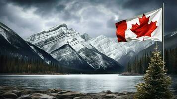 majestätisk berg räckvidd lugn scen kanadensisk flagga foto
