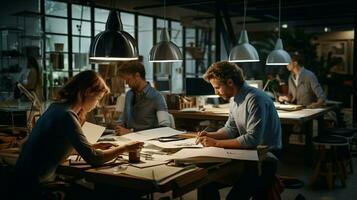 män och kvinnor arbetssätt tillsammans i kontor verkstad foto