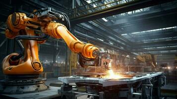 metallisk robot ärm i modern stål fabrik foto