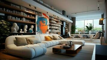 modern lägenhet med bekväm möbel och kreativitet foto