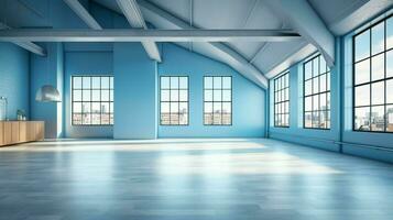 modern blå loft lägenhet med rena golv och tömma foto