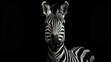 svartvit randig zebra står på svart bakgrund foto