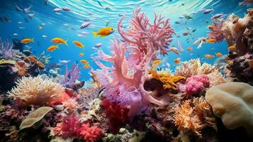 mång red fisk svärm mjuk korall i tropisk rev foto