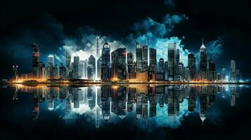 natt stadsbild med skyskrapor vatten reflexion och båge foto