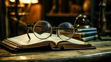 gammal fashioned glasögon på antik trä- skrivbord arbetssätt foto