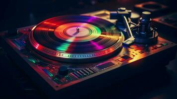 gammal fashioned skivspelare spelar mång färgad disko disk foto