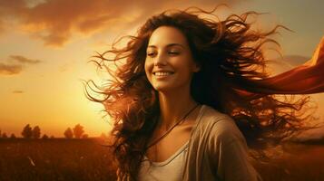 ett skön kvinna leende utomhus på solnedgång foto