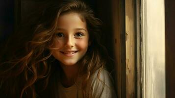 ett söt flicka med brun hår ser genom fönster leende foto