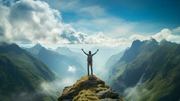 ett person vandring berg topp njuter frihet foto
