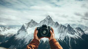 ett person innehav kamera fotografering berg topp foto