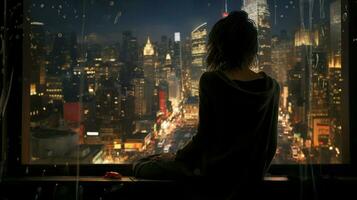 ett ung kvinna ser genom fönster reflekterande på stad foto