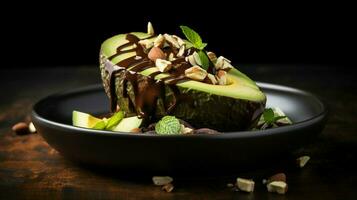 organisk avokado skål en gourmet efterrätt med färsk choklad foto