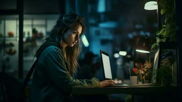 ett ung kvinna arbetssätt inomhus använder sig av dator i mörk foto