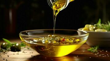 häller oliv olja in i en skål färsk och gourmet matlagning foto