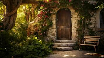 rustik ingång med gammal fashioned dörr omgiven foto