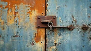 rostig metall dörr med gammal stål låsa och smutsig hantera foto