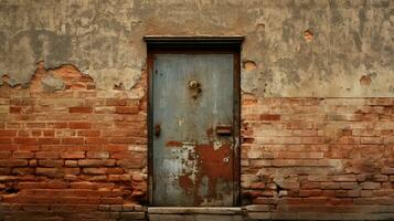 rostig gammal dörr med tegel vägg och metall dörrhandtaget foto