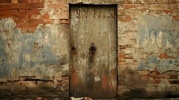 rostig gammal dörr med tegel vägg och metall dörrhandtaget foto