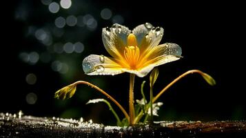 skinande regndroppe upplyst en gul blomma på natt foto