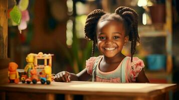 leende afrikansk flicka spelar och inlärning inomhus foto