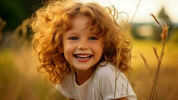 leende barn utomhus lycka i natur söt porträtt foto