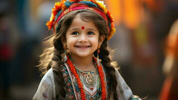 leende söt flicka i traditionell klänning firar glad foto