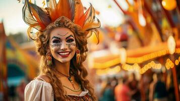 leende kvinna i traditionell kostym firar halloween foto