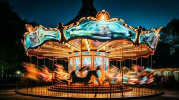 spinning karusell ger glädje till nattetid folkmassan foto