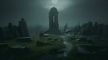 läskigt gammal ruin en mörk gravsten i de dimmig landskap foto