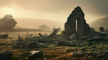 läskigt gammal ruin mysterium av gammal gravsten i dimmig landa foto