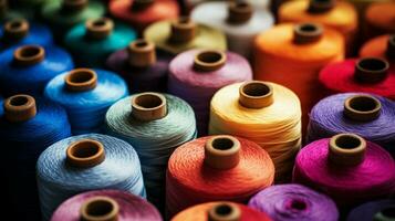 spolar av mång färgad tråd på textil- material foto