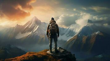 stående på klippa ryggsäck beundrande berg topp foto