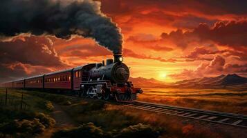 ånga tåg hastigheter genom lantlig solnedgång landskap foto