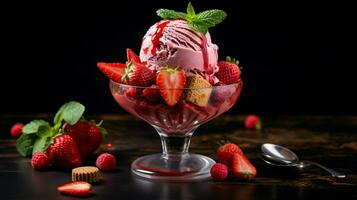 sommar gourmet efterrätt färsk jordgubb is grädde foto