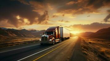 Sol uppsättningar på lastbilstransporter industri lång resa foto