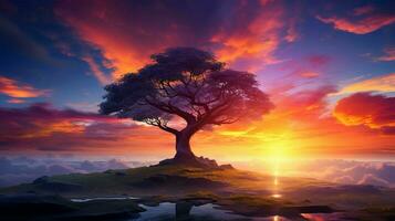 solnedgång slingor natur skönhet träd och äng foto