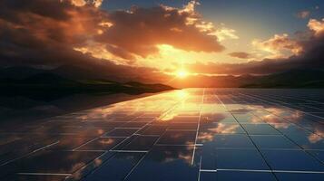 solnedgång himmel speglar sol- panel hållbar kraft generera foto