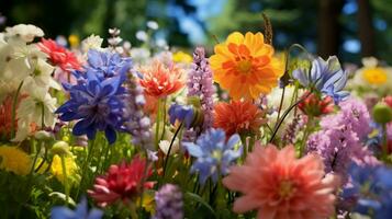 vibrerande bukett av mång färgad blommor i formell trädgård foto