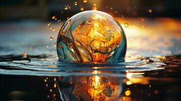 våt sfär på reflekterande vatten abstrakt skönhet foto