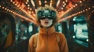 ung vuxen kvinna i trogen virtuell verklighet foto
